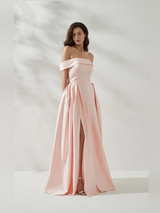 Peach a-line floor-length formal dress with off-the-shoulder neckline, full-length front view