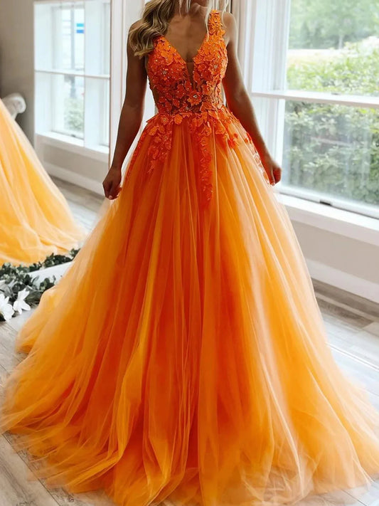 Orange floor-length prom dress, front view showing the a-line silhouette