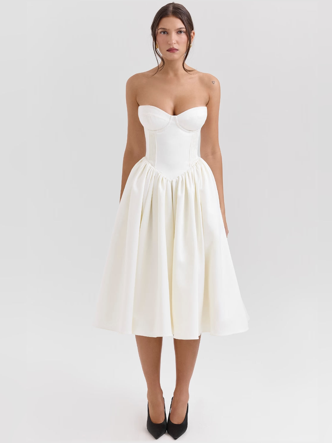 Ivory midi formal dress, full-length front view