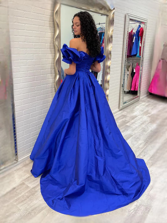 Royal Blue maxi prom dress, front view showing the a-line silhouette