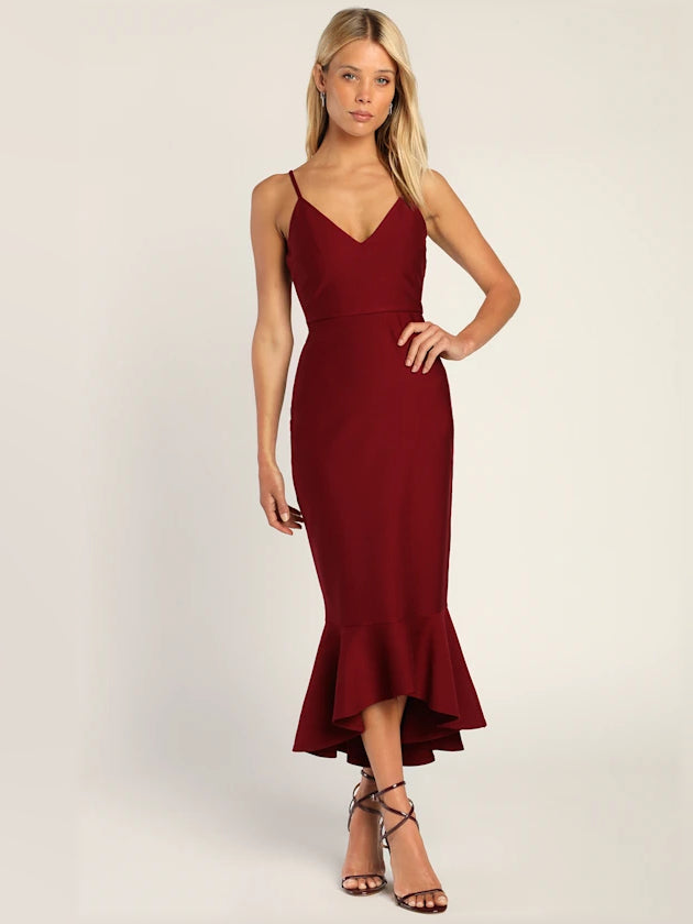 Wine Red bodycon midi formal dress, full-length front view