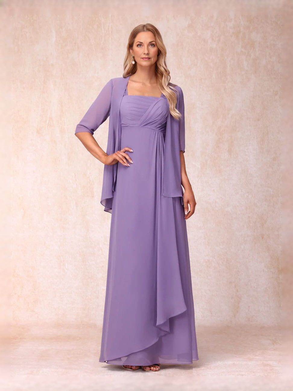Purple floor-length mother of the bride dress, front view showing the a-line silhouette