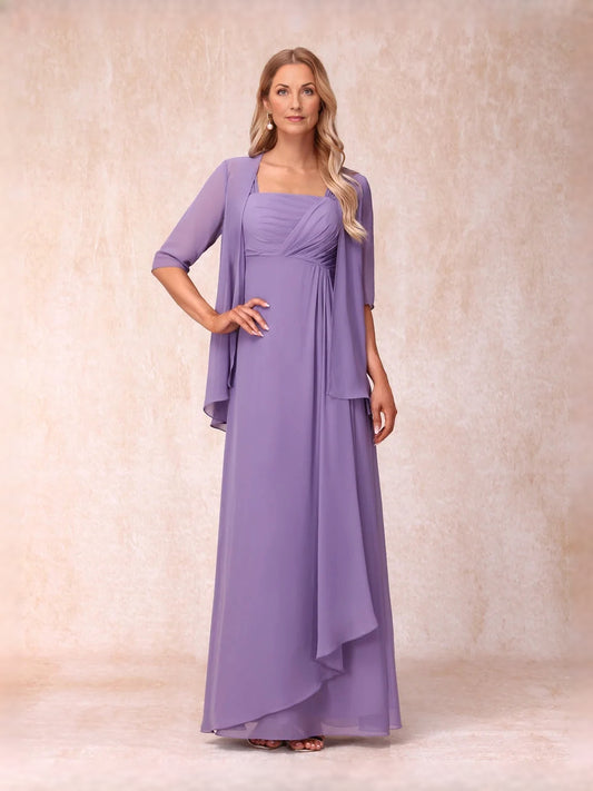 Purple floor-length mother of the bride dress, front view showing the a-line silhouette