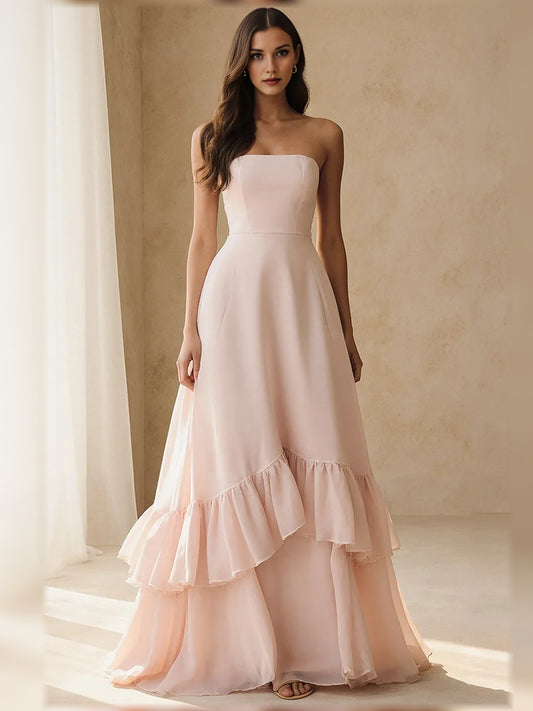 Light Pink a-line floor-length formal dress with strapless neckline, full-length front view
