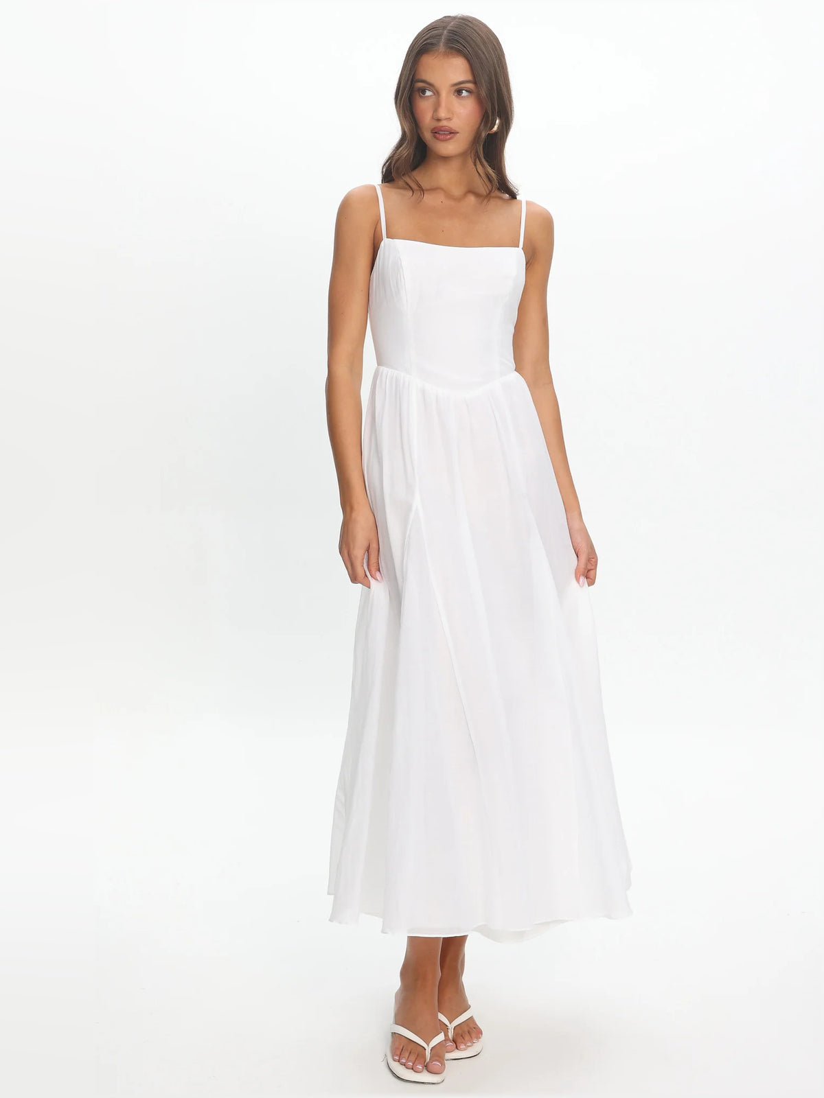 White midi formal dress, full-length front view