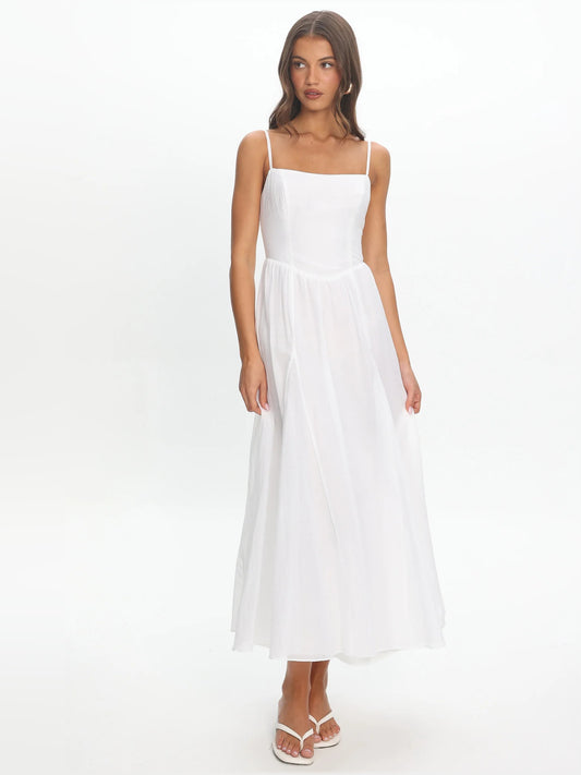 White midi formal dress, full-length front view