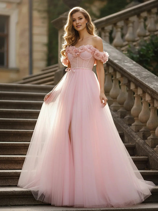 Pink floor-length prom dress, front view showing the a-line silhouette