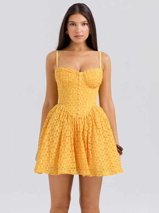 Apricot mini homecoming dress, front view showing the silhouette