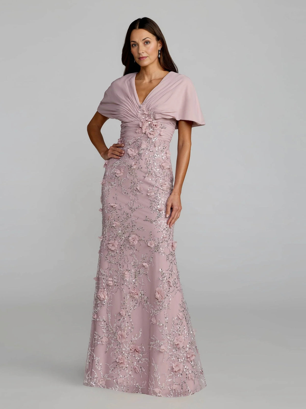 Pink floor-length mother of the bride dress, front view showing the mermaid silhouette