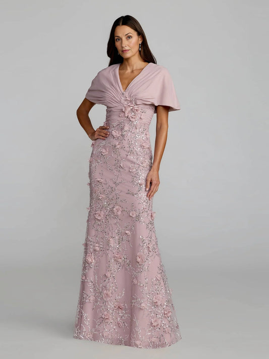 Pink floor-length mother of the bride dress, front view showing the mermaid silhouette