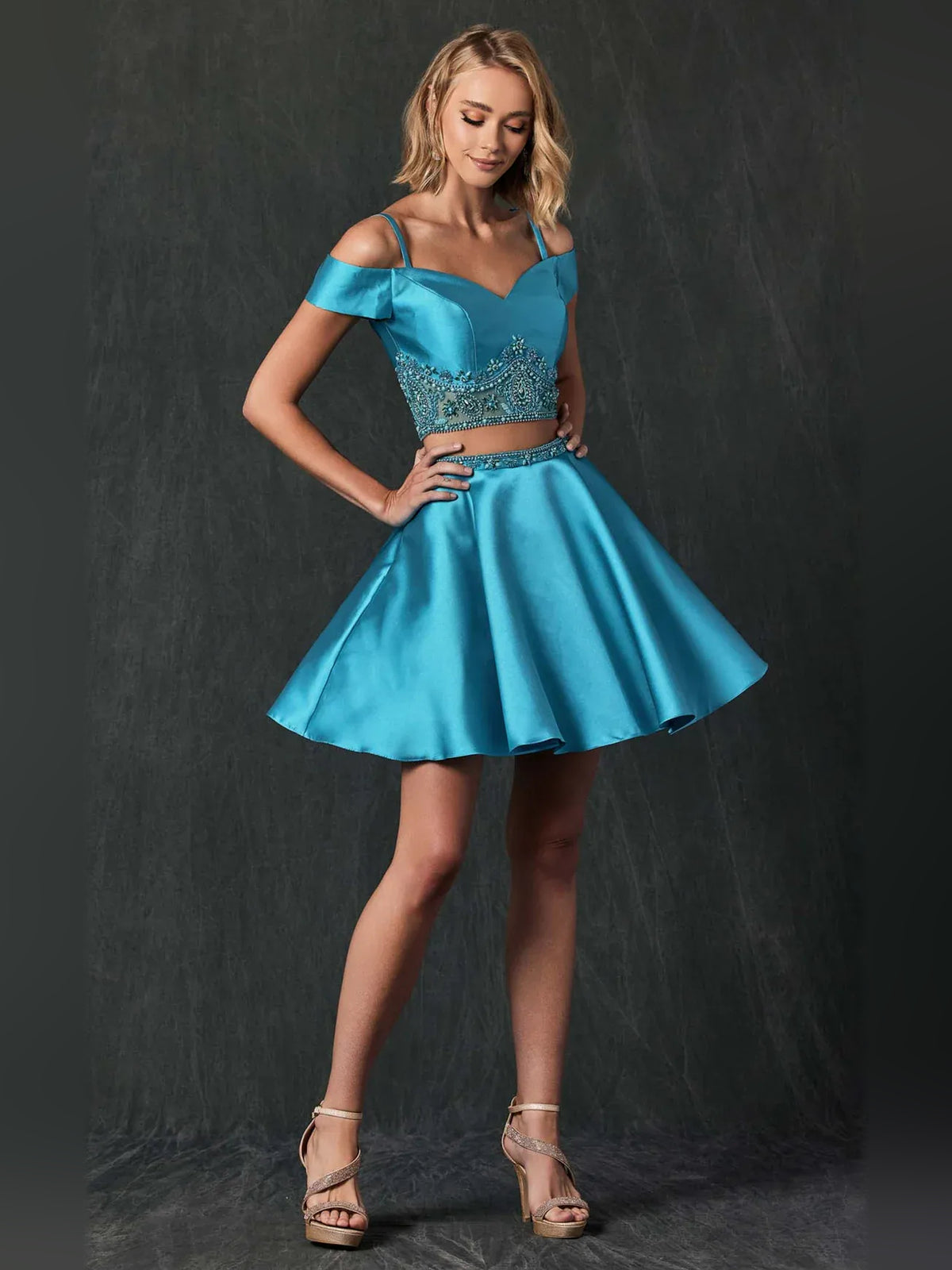 Jade short homecoming dress, alternate view showing the full-length silhouette