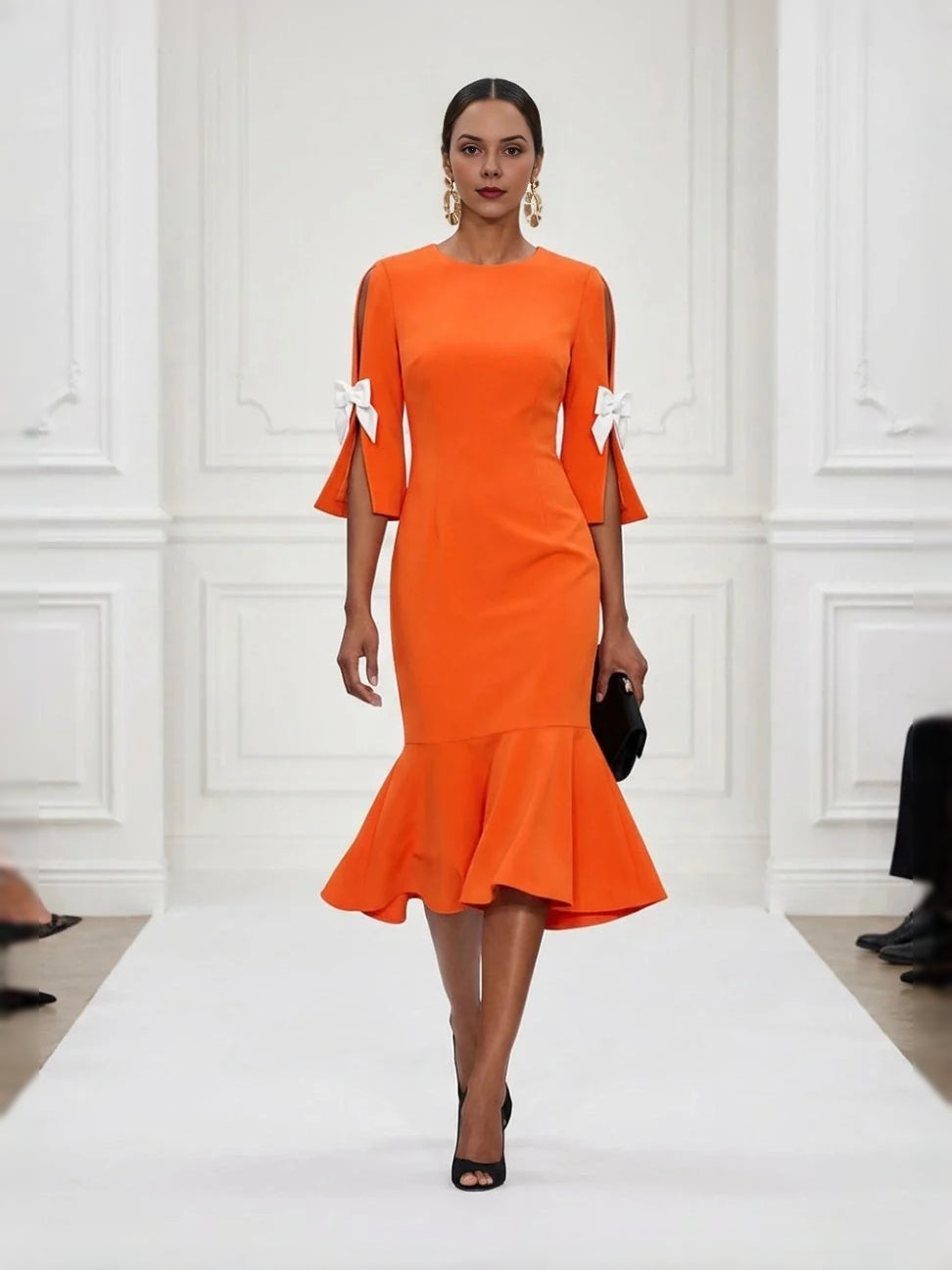 Burnt Orange midi mother of the bride dress, front view showing the mermaid silhouette