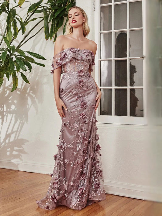 Mauve floor-length prom dress, front view showing the mermaid silhouette