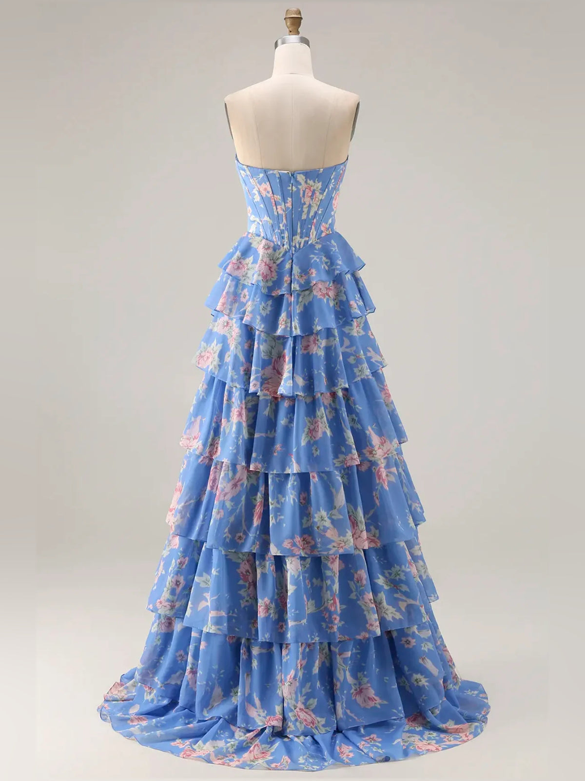 Dark Blue floor-length prom dress, front view showing the a-line silhouette