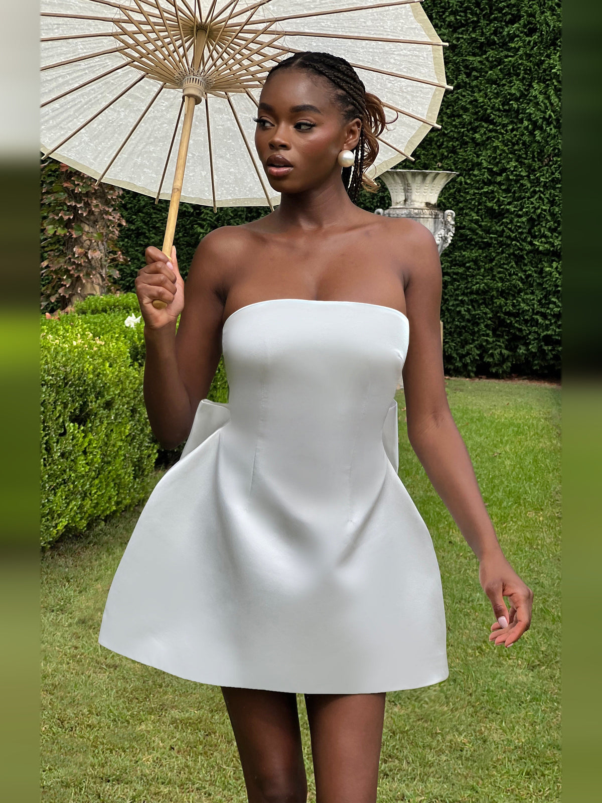 Ivory mini homecoming dress, front view showing the silhouette