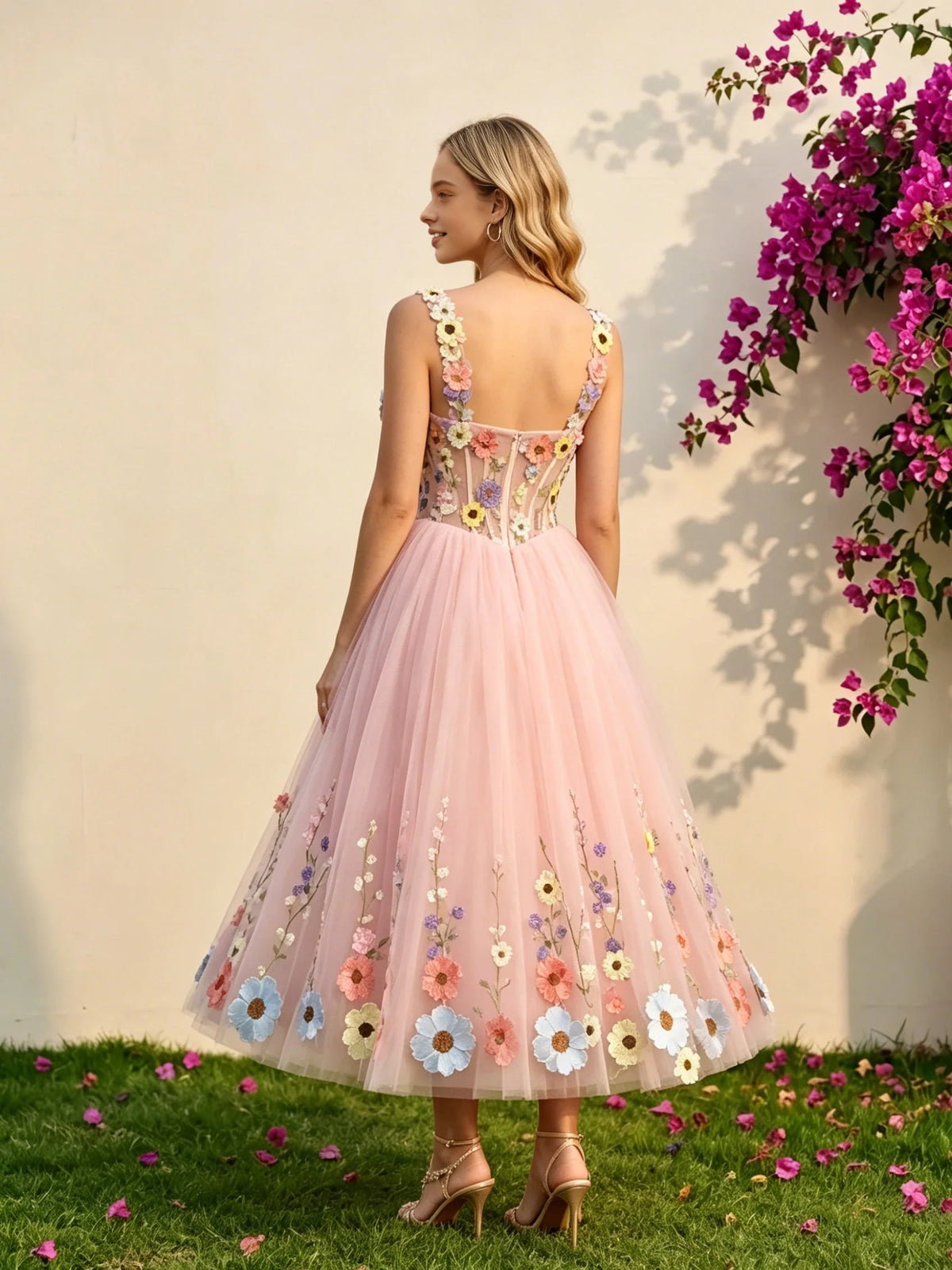 Blush Pink short wedding dress, front view showing the a-line silhouette