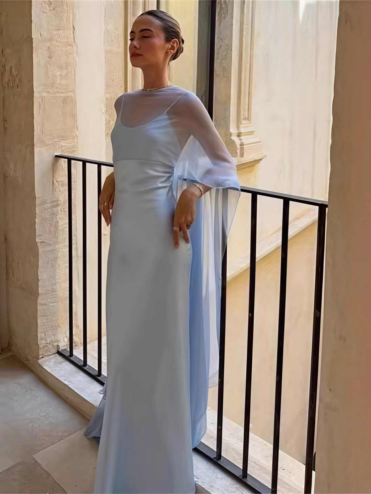 Steel Blue maxi bridesmaid dress, front view showing the a-line silhouette