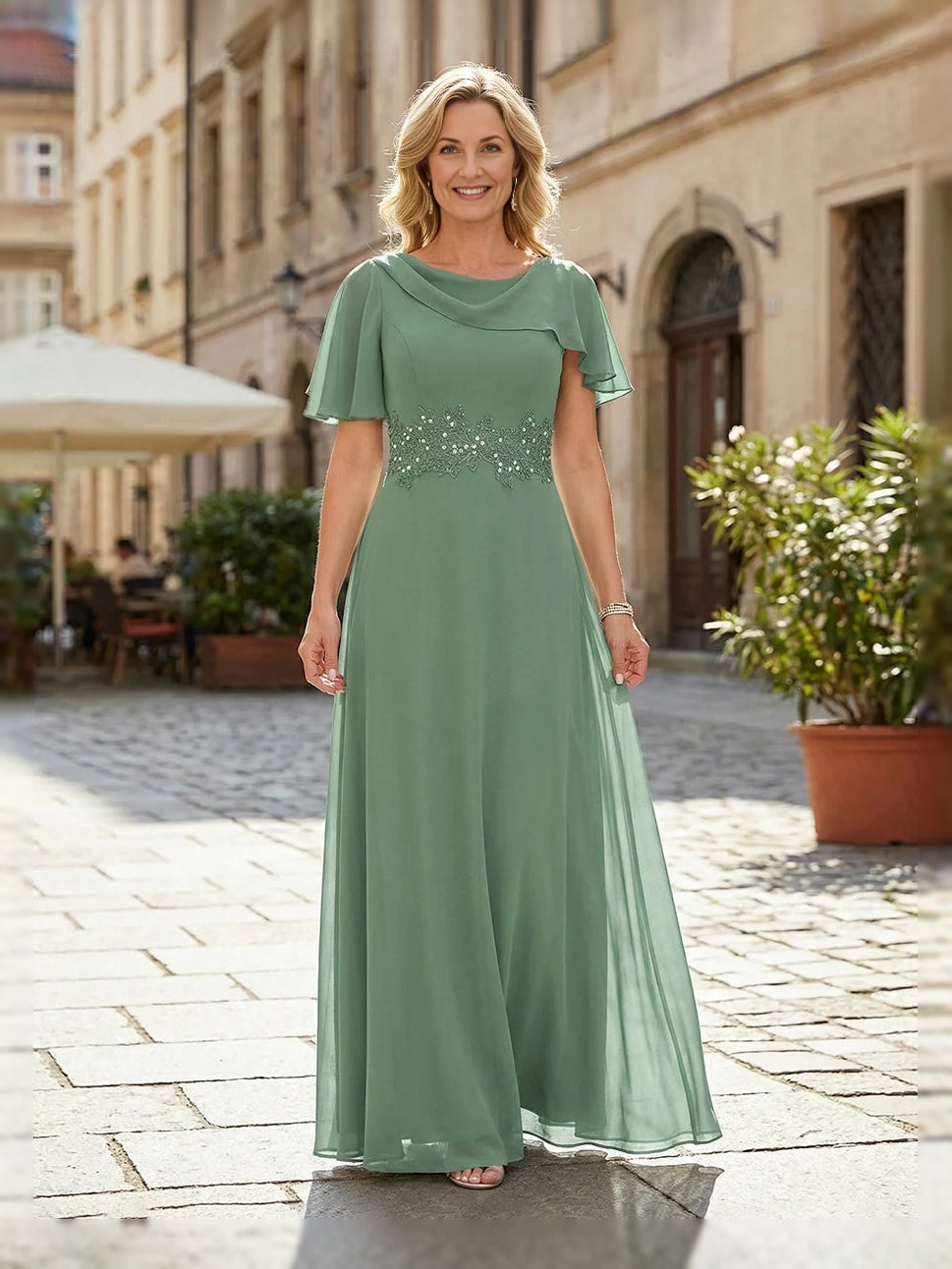 Emerald Green floor-length mother of the bride dress, front view showing the a-line silhouette