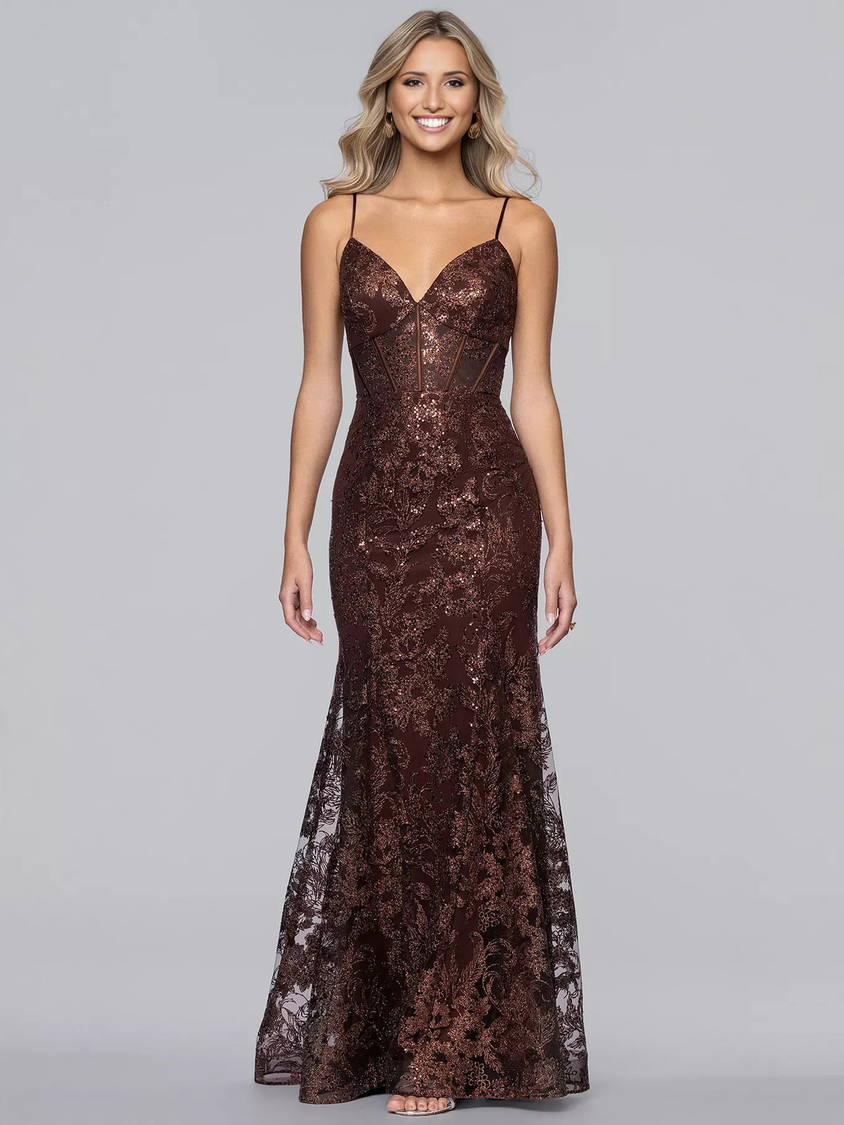 Chocolate mermaid floor-length formal dress with V-neckline, full-length front view