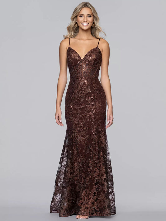 Chocolate mermaid floor-length formal dress with V-neckline, full-length front view