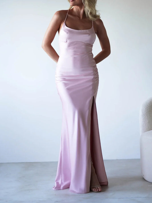 Blush Pink maxi bridesmaid dress, front view showing the mermaid silhouette