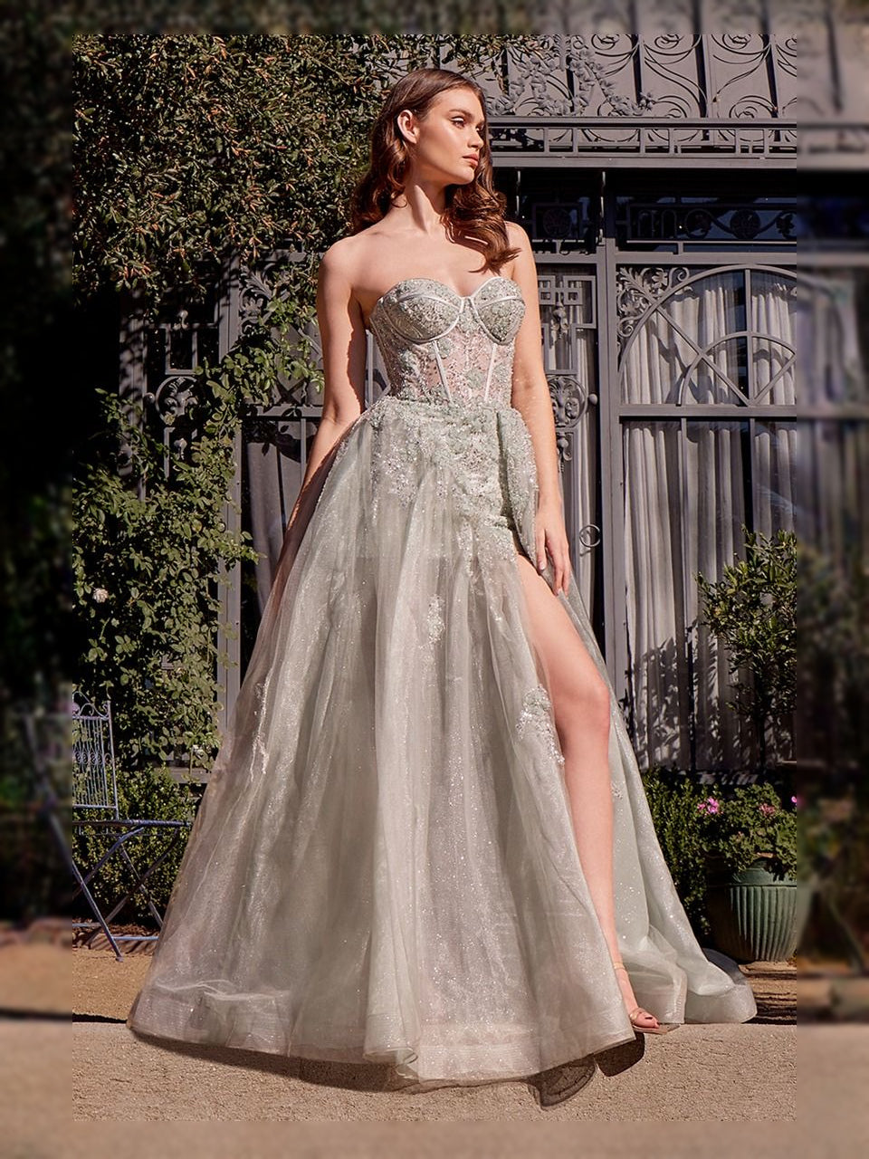 Silver floor-length prom dress, front view showing the ball-gown silhouette
