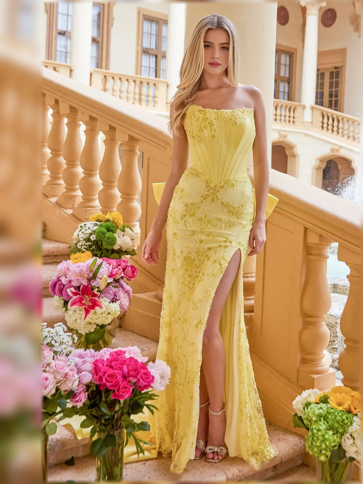 Yellow mermaid floor-length formal dress with strapless neckline, full-length front view