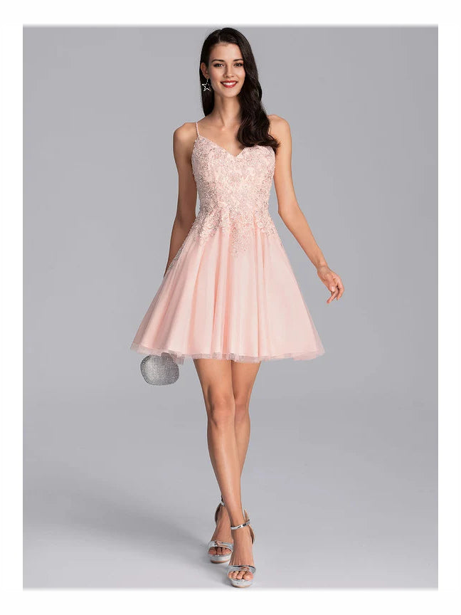 Blush Pink mini prom dress, front view showing the a-line silhouette