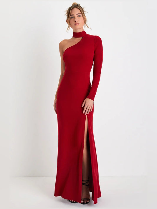 Red sheath maxi formal dress with one-shoulder neckline, full-length front view
