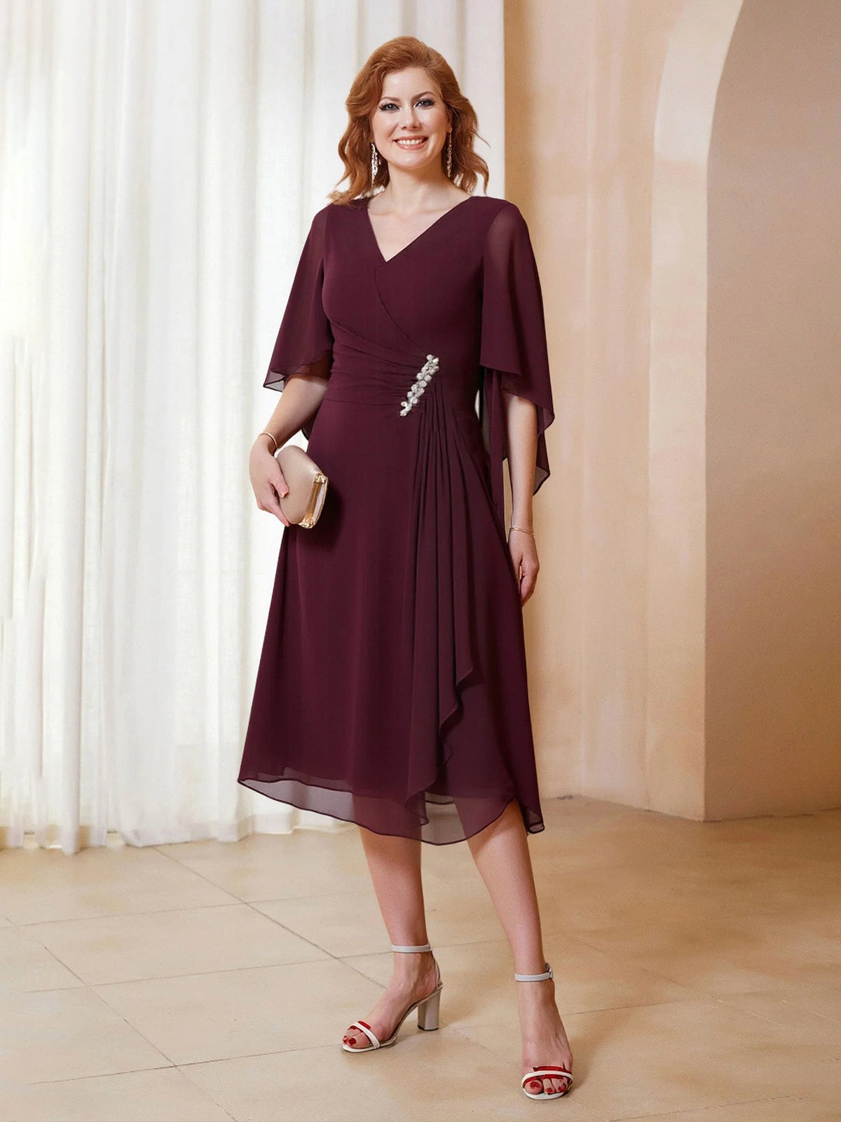 Cabernet midi mother of the bride dress, front view showing the a-line silhouette