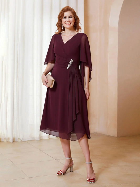 Cabernet midi mother of the bride dress, front view showing the a-line silhouette