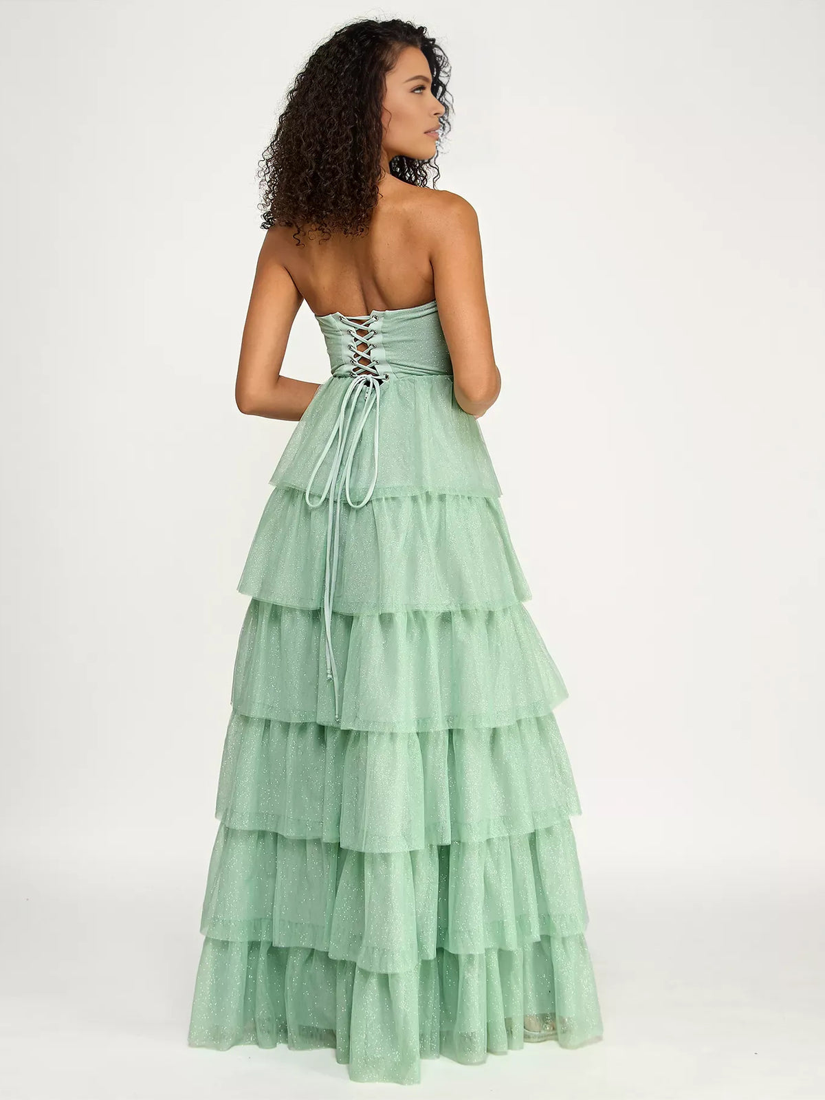 Dusty Sage maxi prom dress, front view showing the a-line silhouette