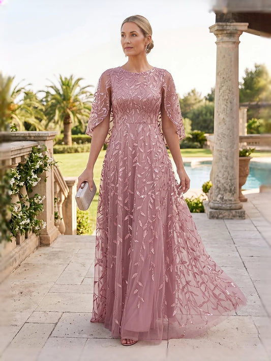 Dusty Rose floor-length mother of the bride dress, front view showing the a-line silhouette