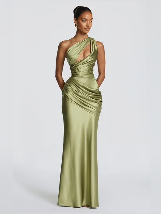 Olive Green a-line floor-length formal dress with one-shoulder neckline, full-length front view