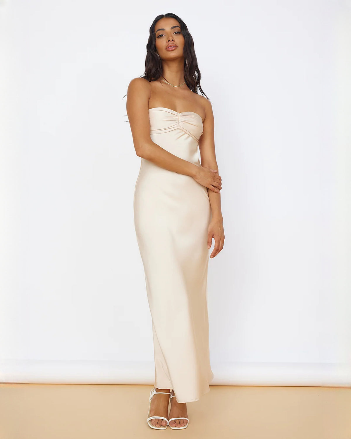 sleeveless satin a-line maxi bridesmaid dress - image 1