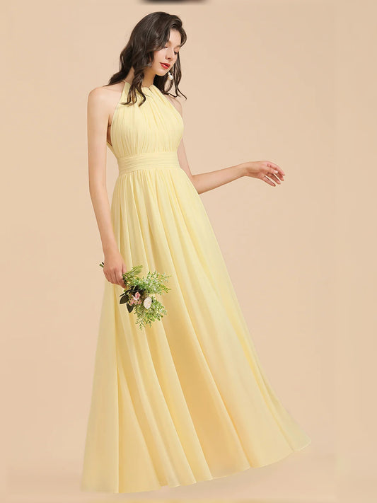 Daffodil floor-length bridesmaid dress, front view showing the a-line silhouette