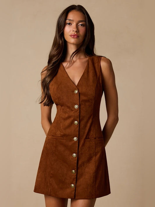 Brown mini homecoming dress, front view showing the a-line silhouette