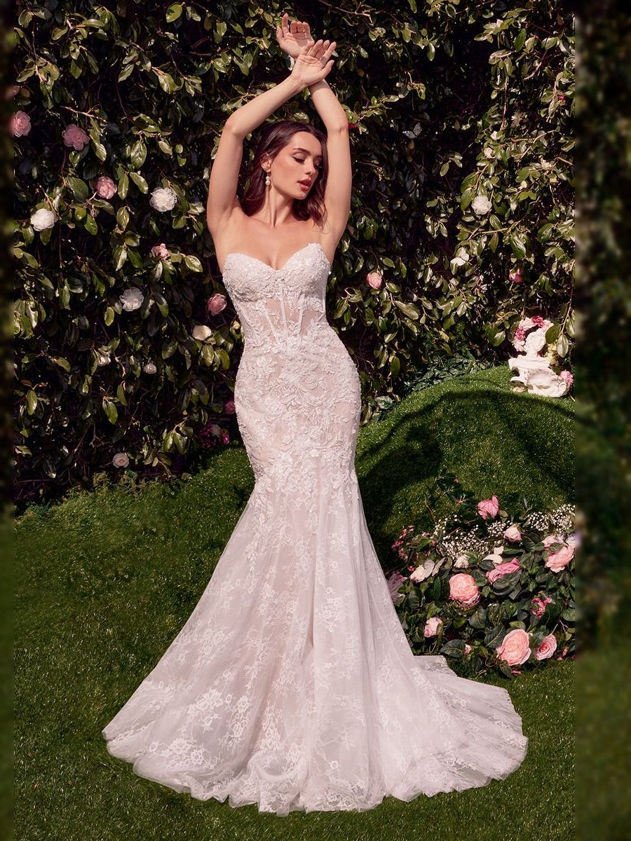 Ivory floor-length wedding dress, front view showing the mermaid silhouette