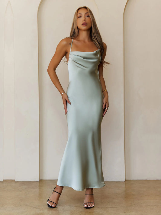 Khaki sheath maxi formal dress with cowl neckline, full-length front view