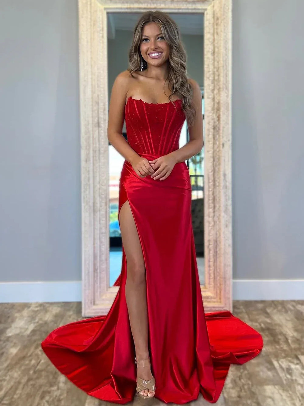 Red maxi prom dress, front view showing the mermaid silhouette