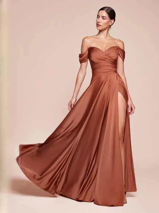 Terracotta floor-length prom dress, front view showing the a-line silhouette