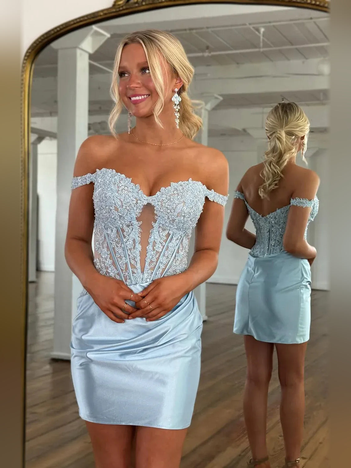 Light Blue mini homecoming dress, alternate view showing the full-length silhouette