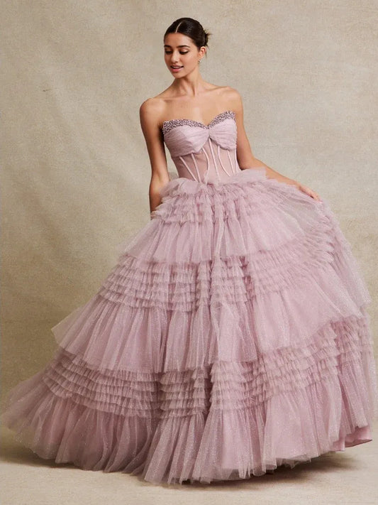 Vintage Mauve floor-length prom dress, front view showing the a-line silhouette