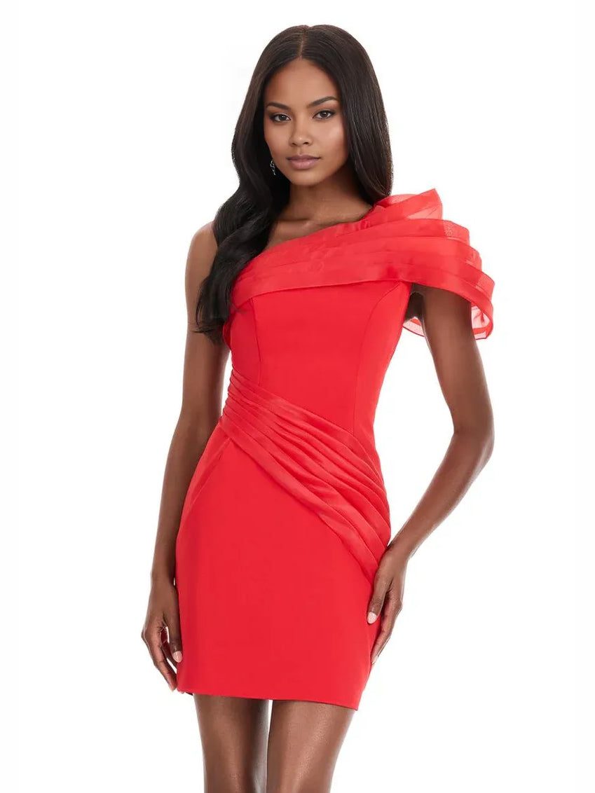 Red mini homecoming dress, alternate view showing the full-length silhouette
