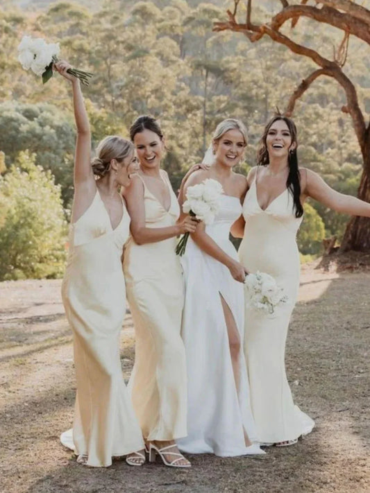 Yellow floor-length bridesmaid dress, front view showing the mermaid silhouette