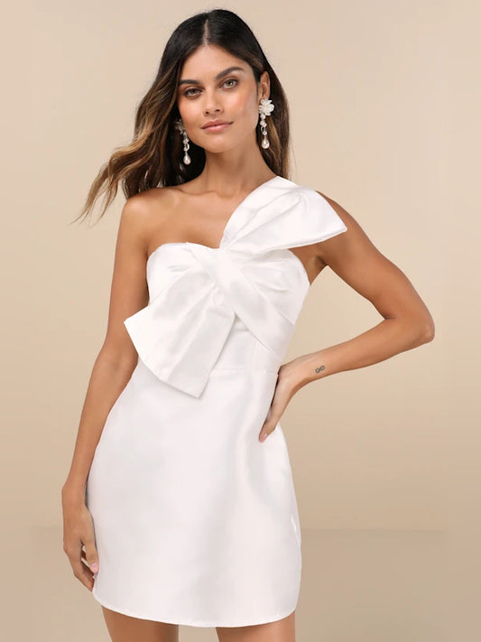 White mini homecoming dress, front view showing the silhouette