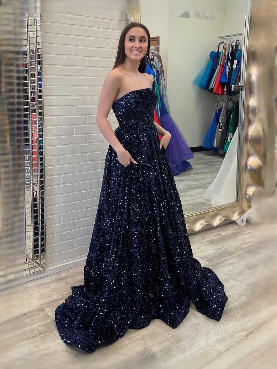 Navy Blue maxi prom dress, front view showing the a-line silhouette