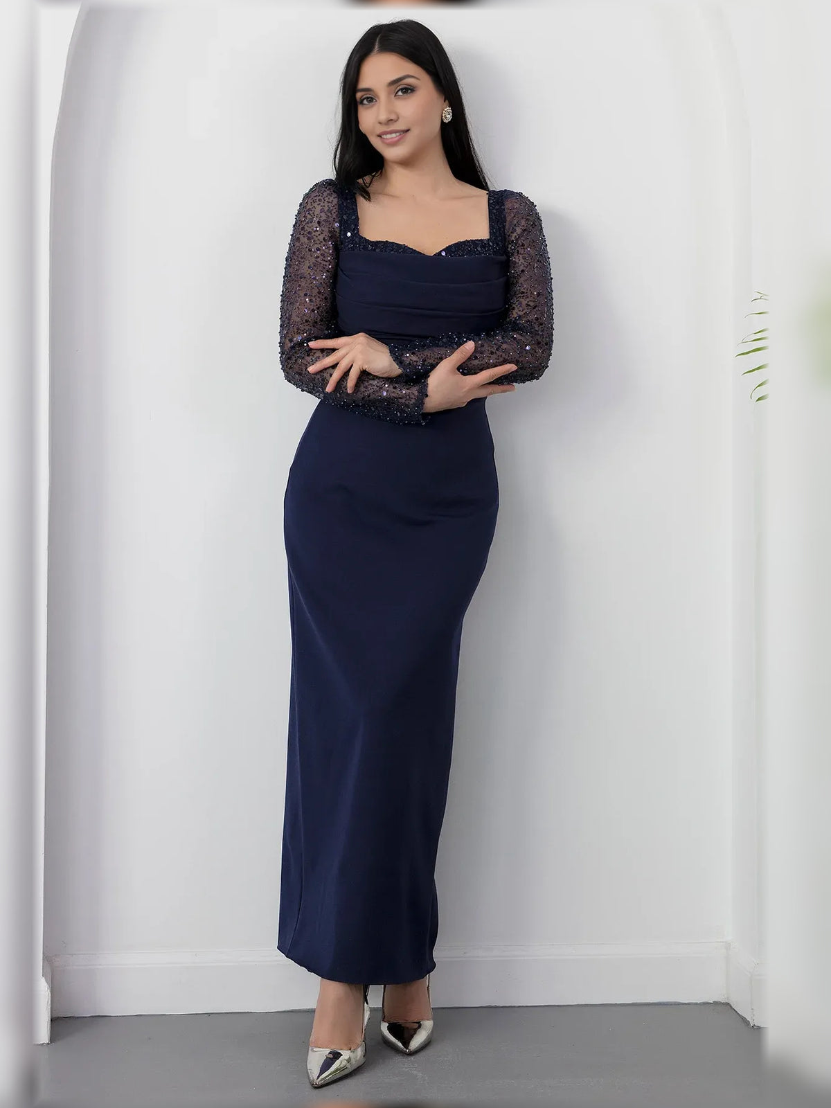 Navy Blue sheath floor-length formal dress with square neckline, full-length front view