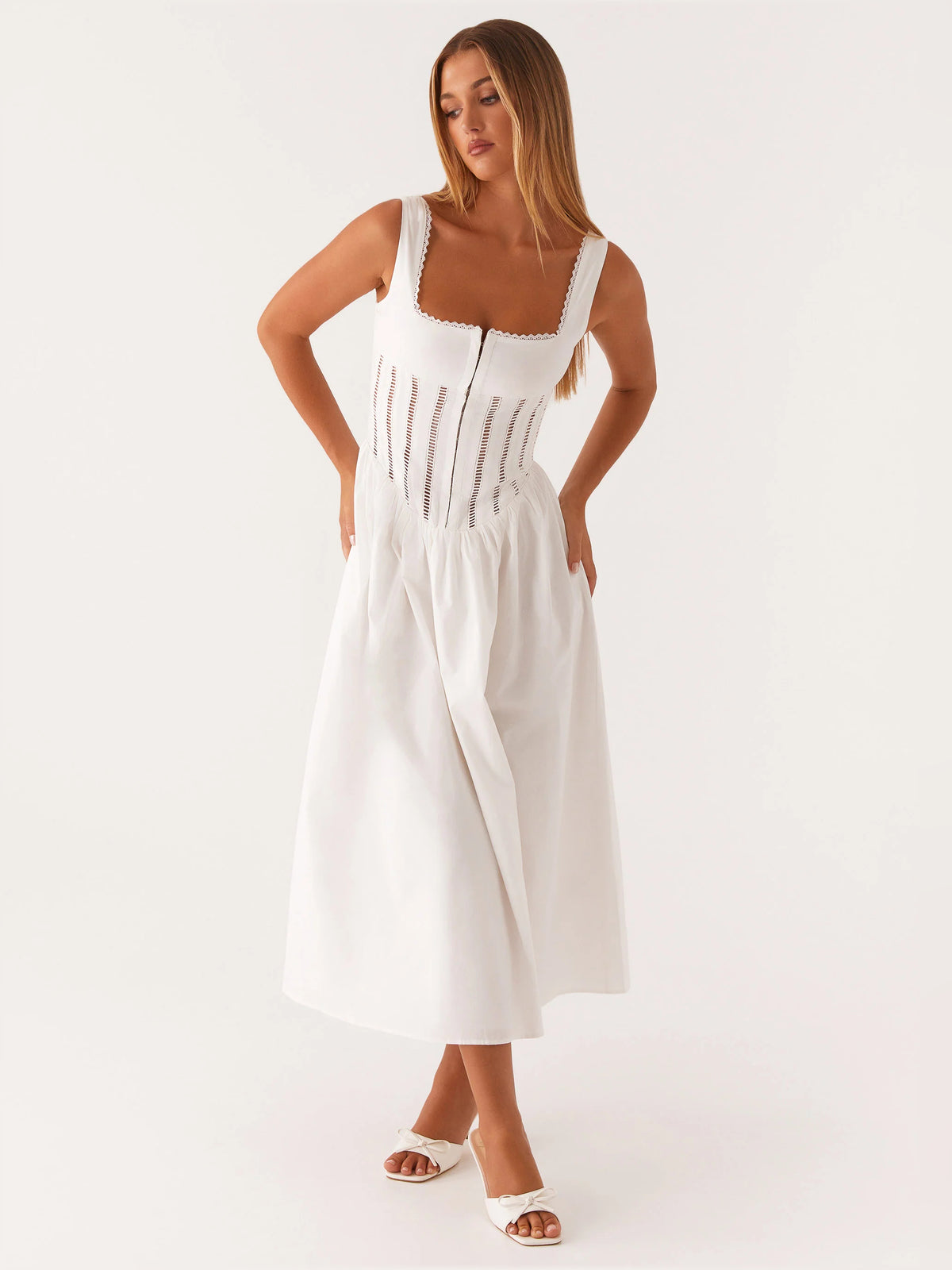 White midi formal dress, full-length front view