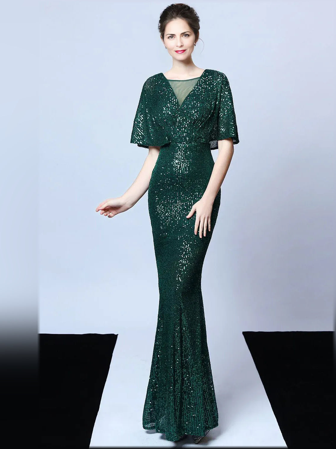 Dark Green mermaid floor-length formal dress with V-neckline, full-length front view
